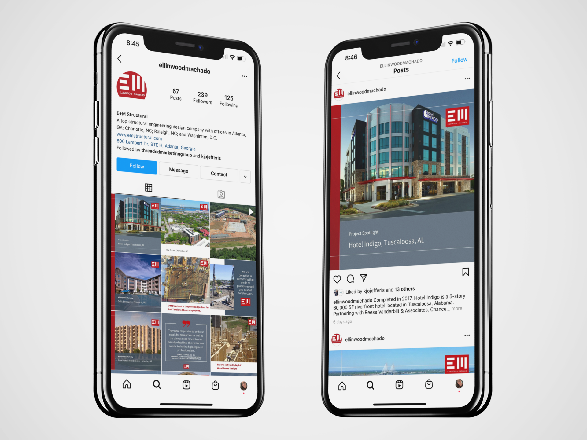 E+M social media iphone mockup